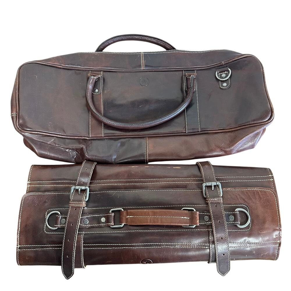Aaron Leather Goods Brown Genuine Leather Knife Bag And Roll Combo Chef Bag